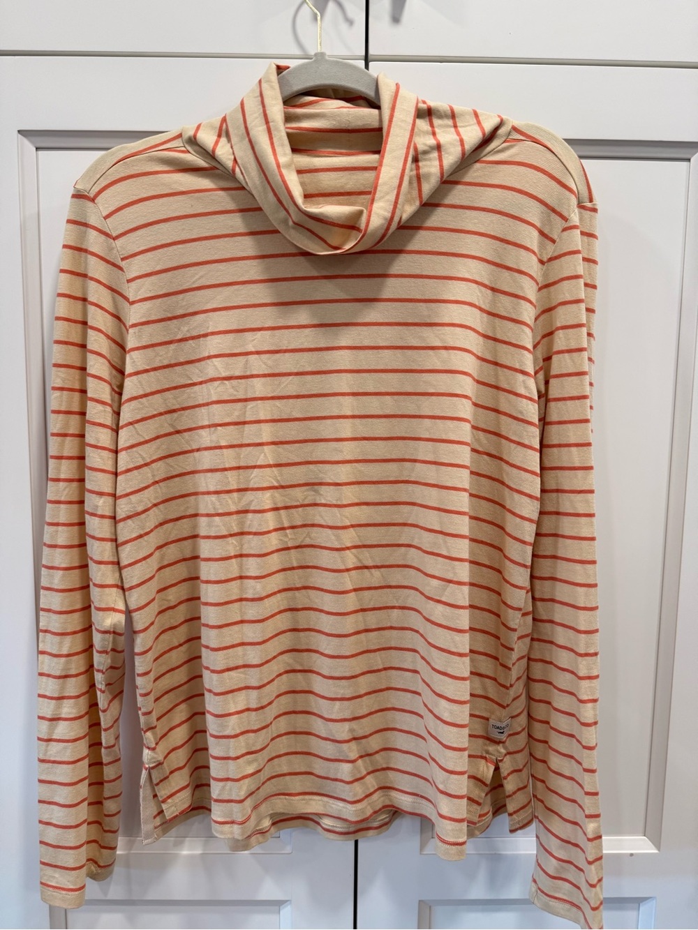 Woman’s Beige and Coral Stripe Turtleneck from Toad and Co.